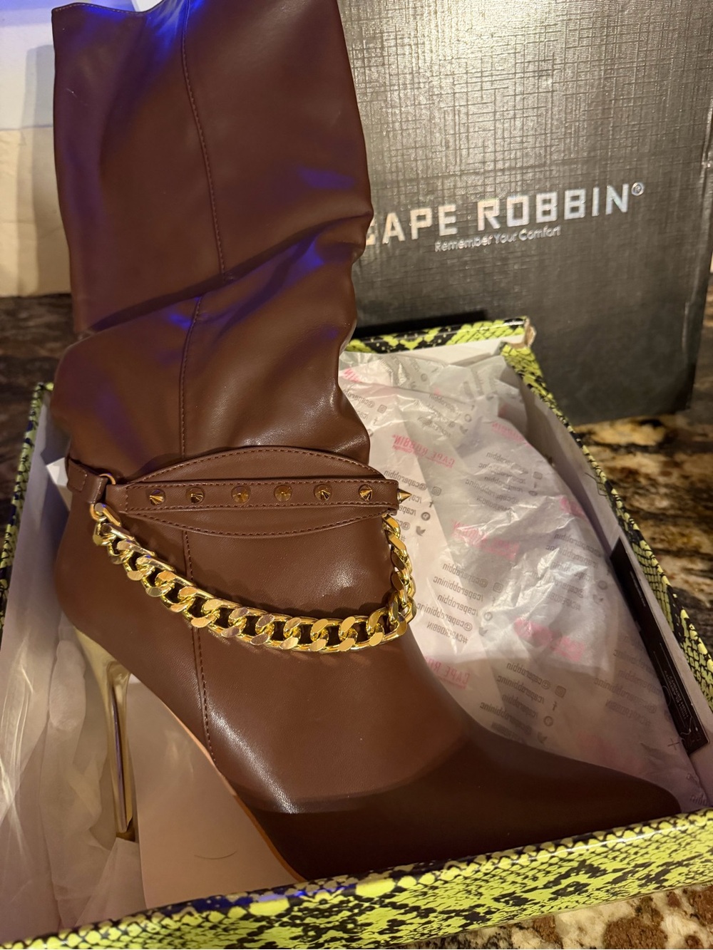 Cape Robbin Brown Knee-High Stiletto Boot with Gold Chain Accent
